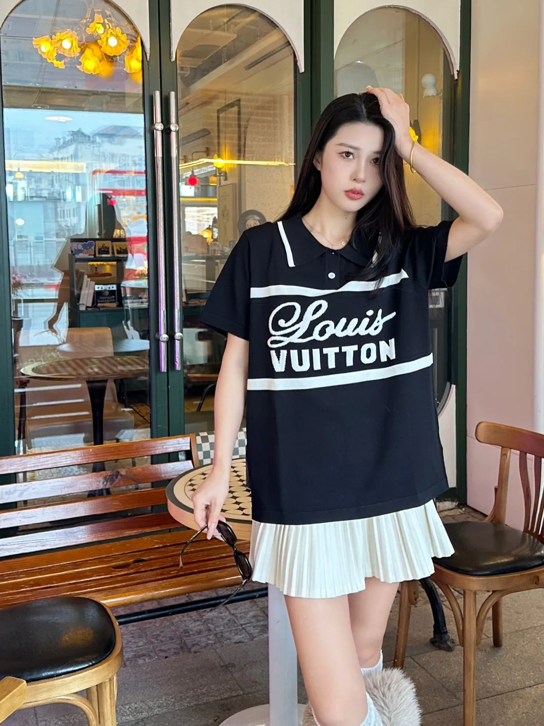Louis Vuitton/Louis Vuitton striped signature letter jacquard knitted Polo short sleeves